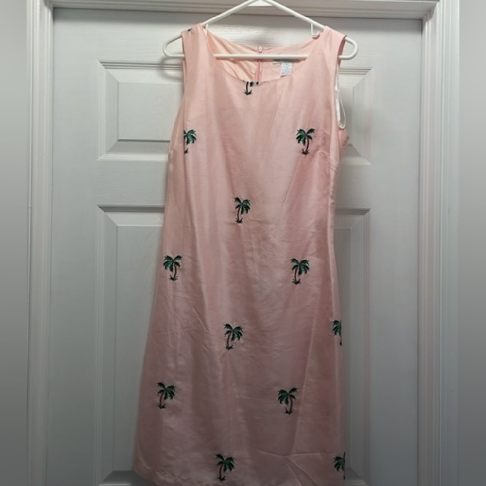 Pink silk with embroidered palm trees sleeveless sheath sundress summer dress